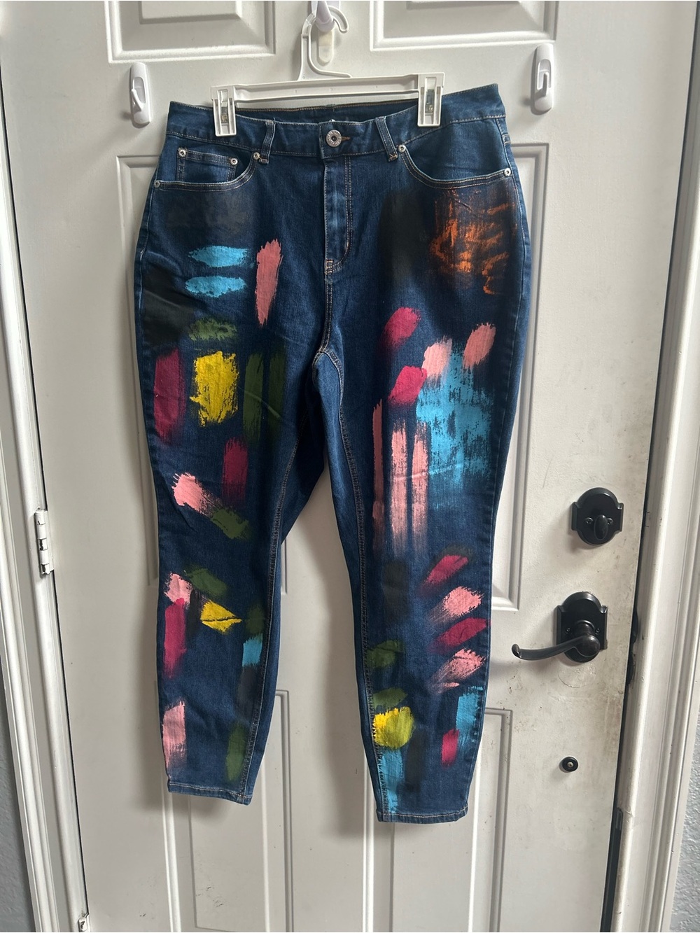 Ashley Stewart Dark Wash Jeans with Multicolor Paint Accents Sz 16